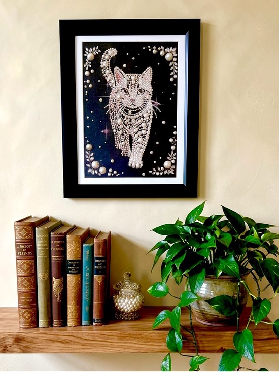 Hand Crafted Other - Framed Pearl Cat Wall Art | Crystal Embellished Mixed Media | 18” x 14”
